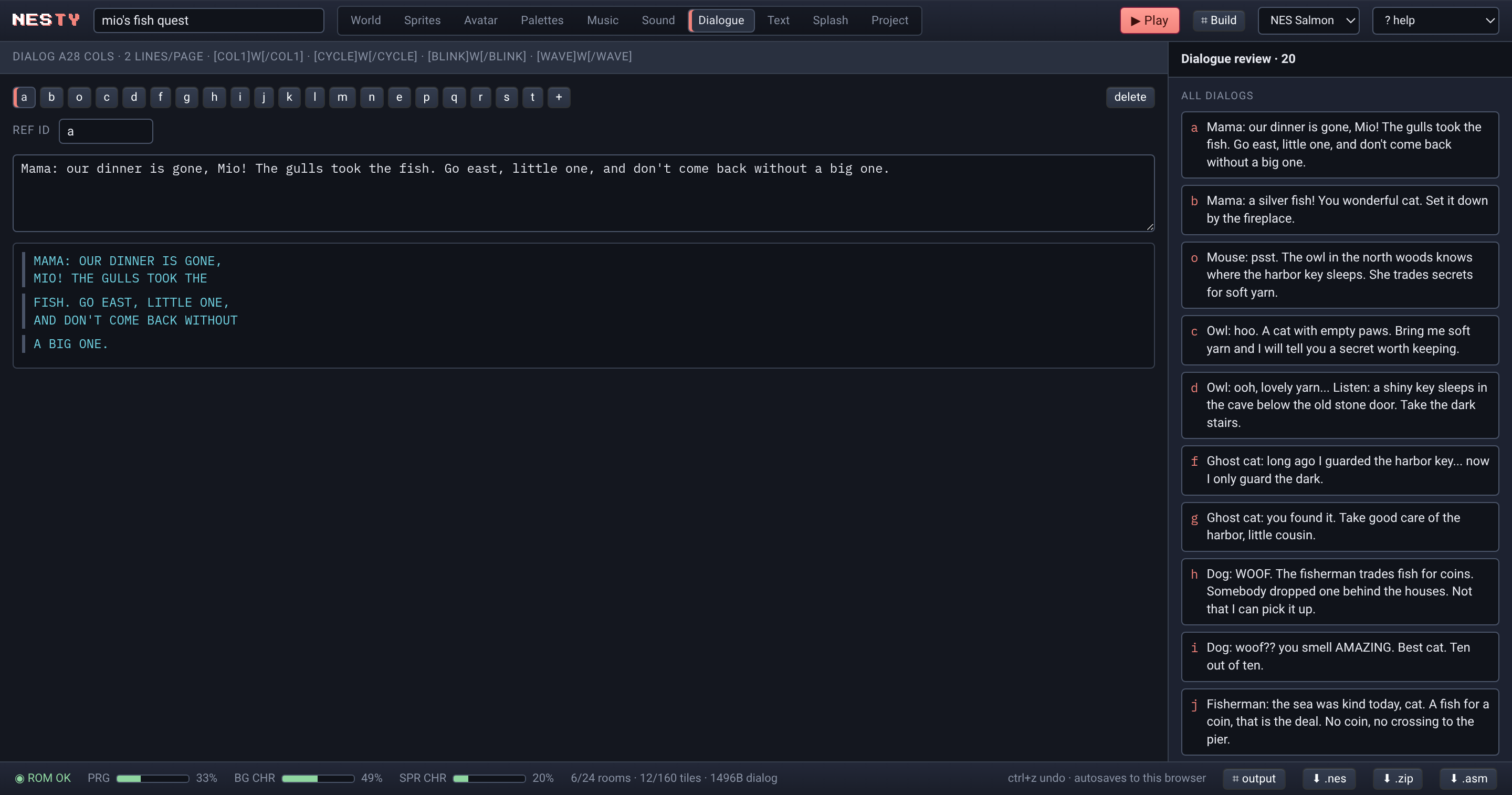 The NESty dialogue editor showing a text box preview and the list of all dialogs