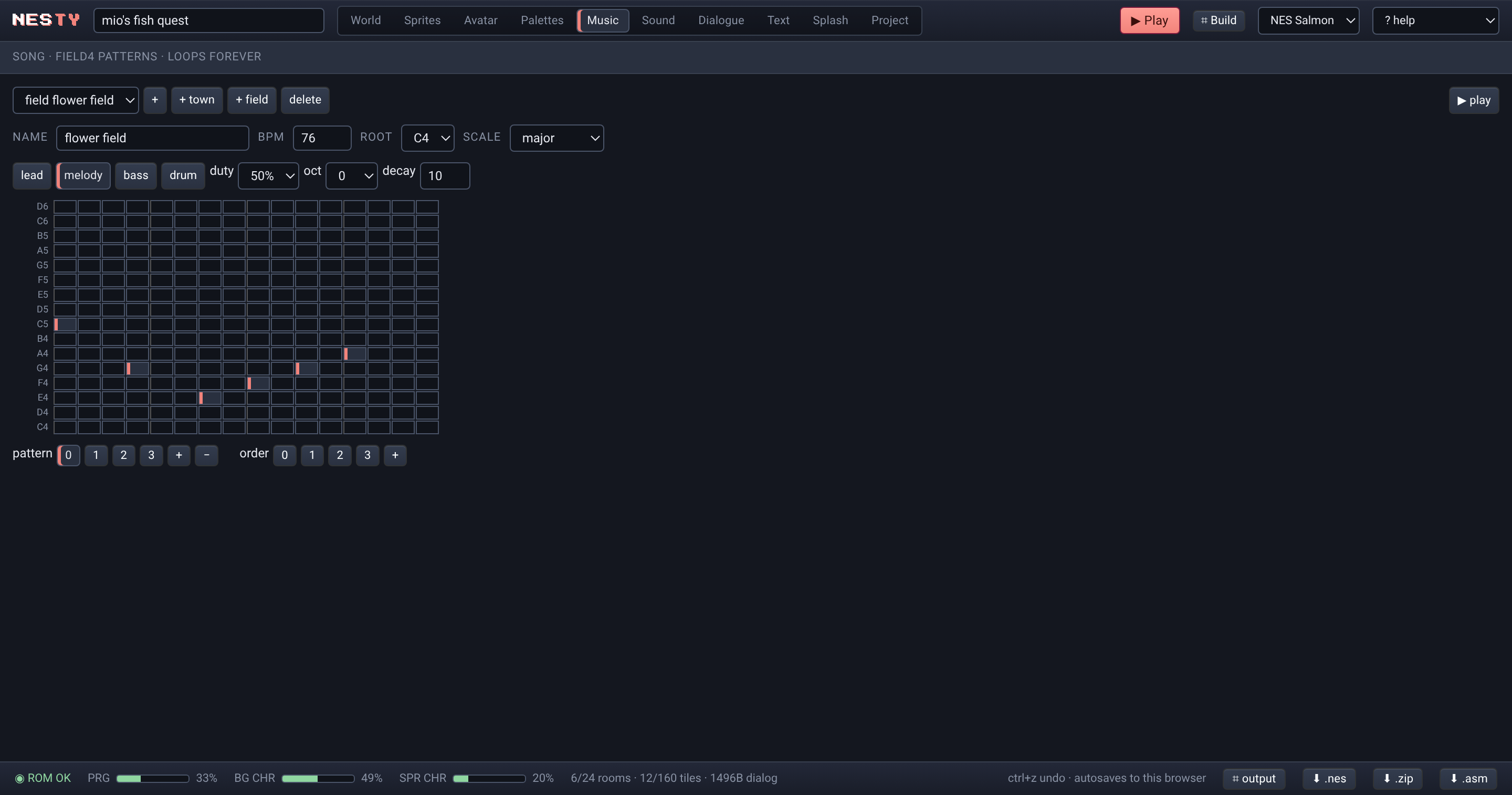The NESty music tracker with a 16-step note grid across four channels