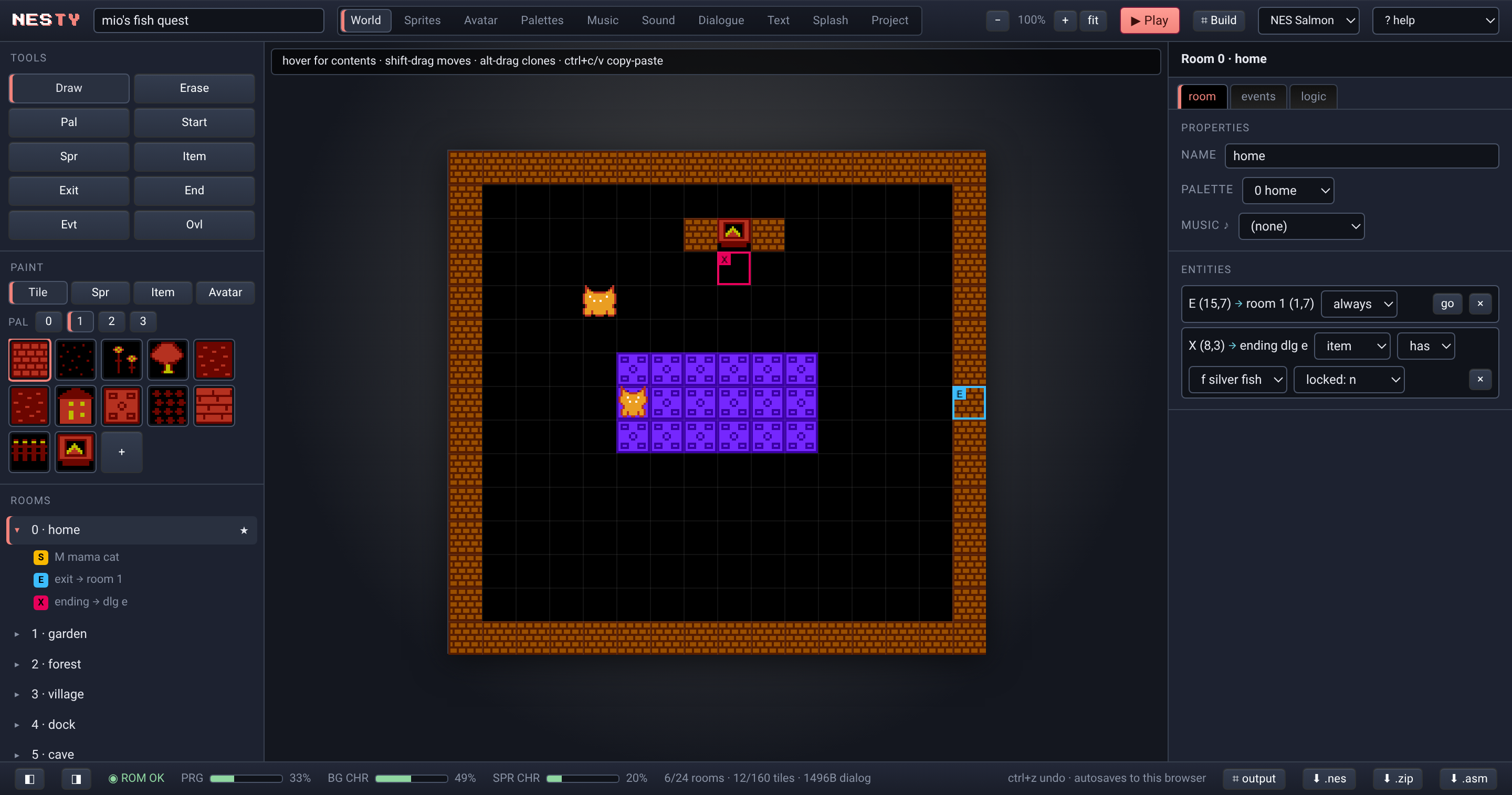 The NESty world editor: a room of tiles with a cat sprite, the tools rail, room tree and entity inspector